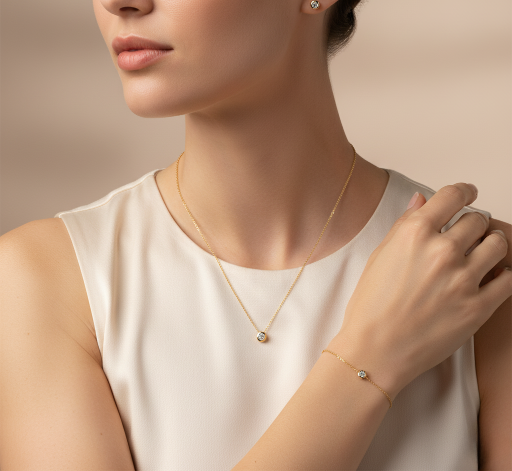 Lunara Gleam – 375 Gold Kette & Armband mit Solitär-Zirkonia