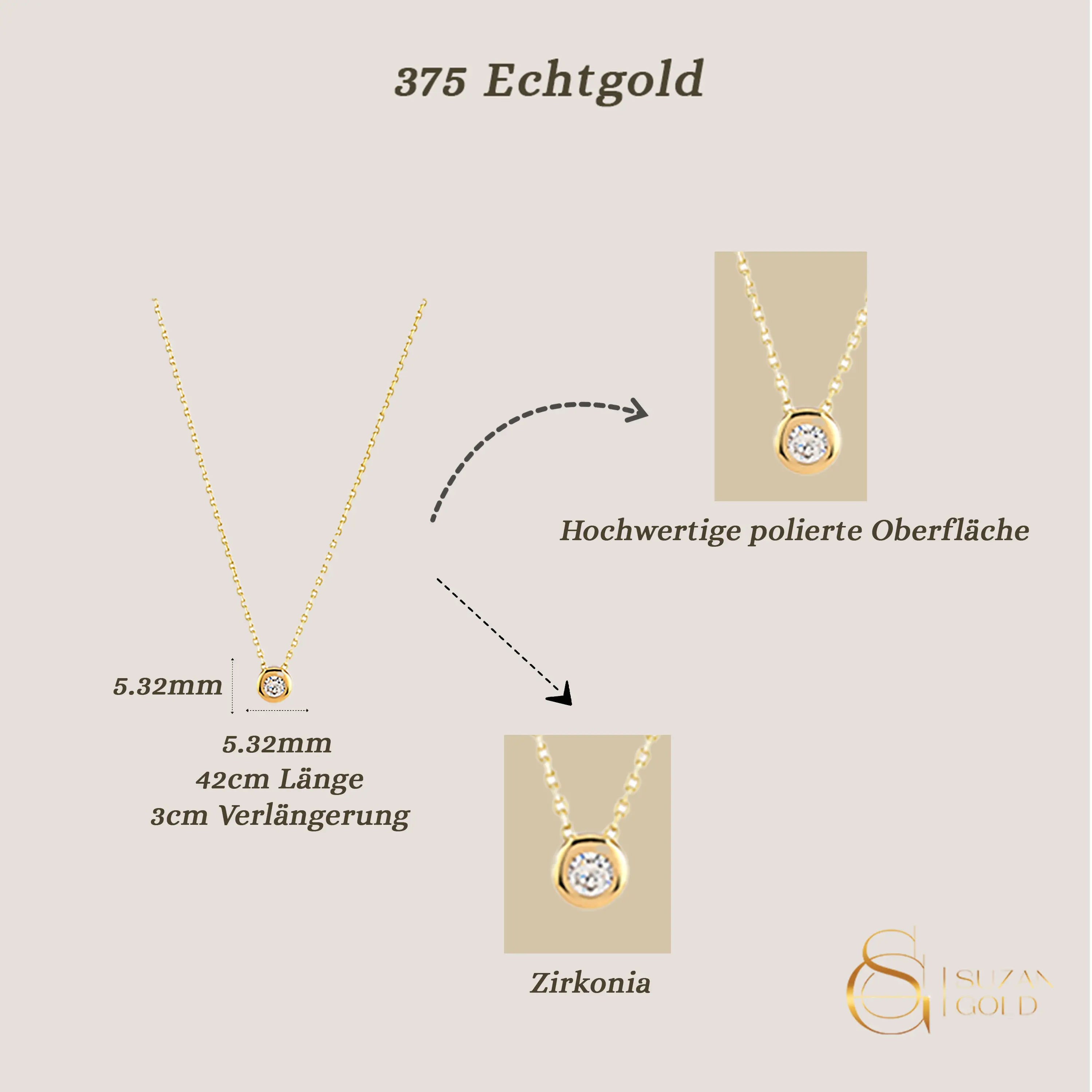 Solina – 375er Echtgoldkette mit rundem Zirkonia-Anhänger Suzan Gold