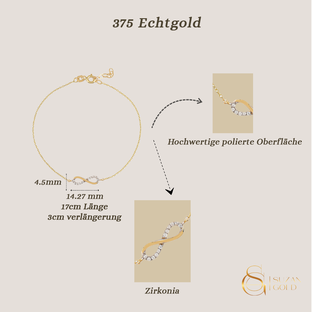 Infinity Glow – 375er Goldarmband mit Zirkonia & Unendlichkeitsanhänger