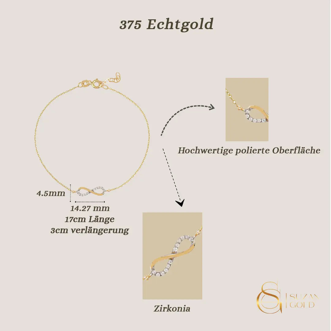 Infinity Glow – 375er Goldarmband mit Zirkonia & Unendlichkeitsanhänger Suzan Gold
