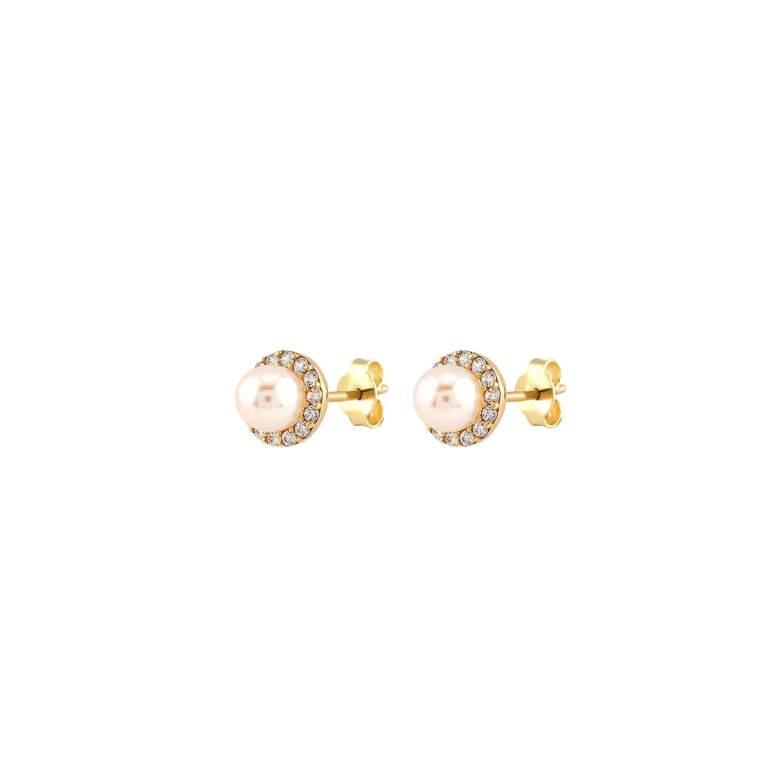 Pearlora Ohrstecker aus 375 Gelbgold mit Perle und Zirkonia, klassische runde Perlen-Ohrringe für Damen, eleganter zeitloser Schmuck.