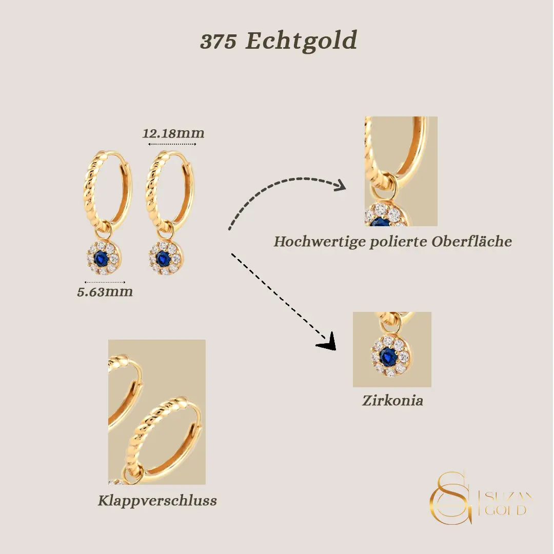 Twistella – 375er Echtgold-Creolen mit Zirkonia & blauem Anhänger Suzan Gold