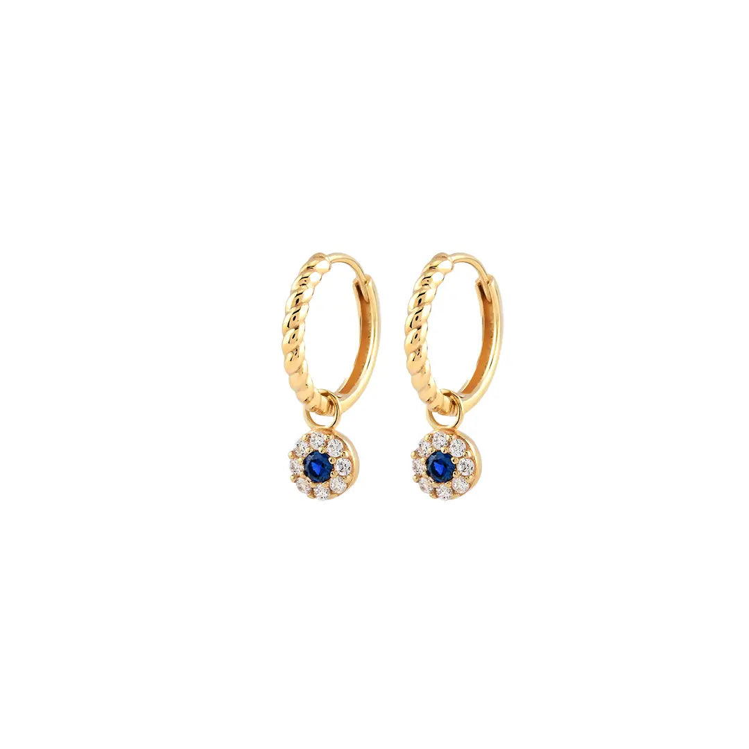 Twistella Huggies-Creolen aus 375 Gelbgold mit Zirkonia, kleine gedrehte Creolen mit blauem Schmuckstein-Anhänger für Damen, eleganter zeitloser Schmuck.