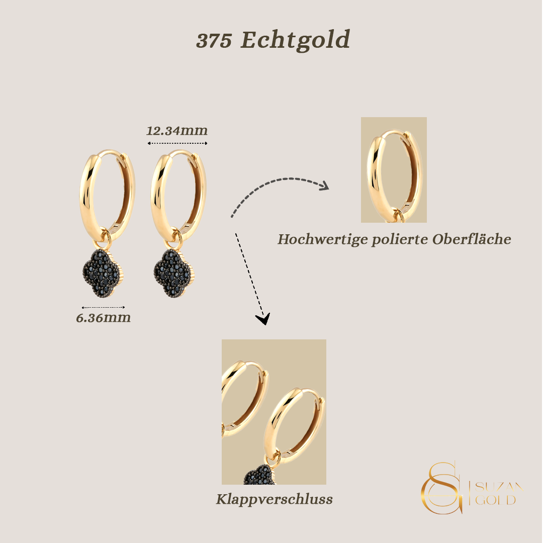 Noirleaf – 375er Echtgold-Creolen mit schwarzem Kleeblatt-Anhänger