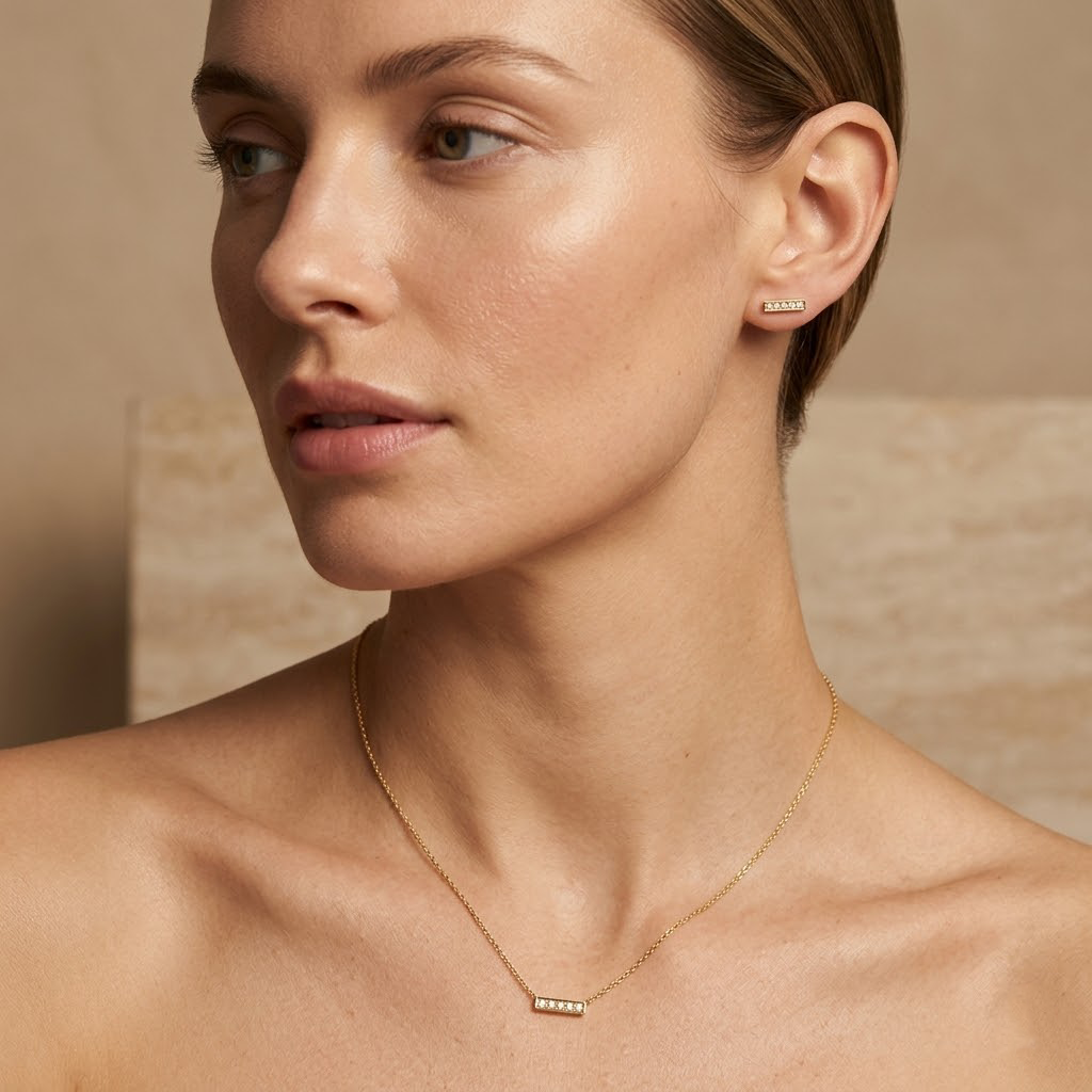 Linea Duo – 925 Silber vergoldet Kette & Ohrringe mit Zirkonia Linie - Suzan Gold