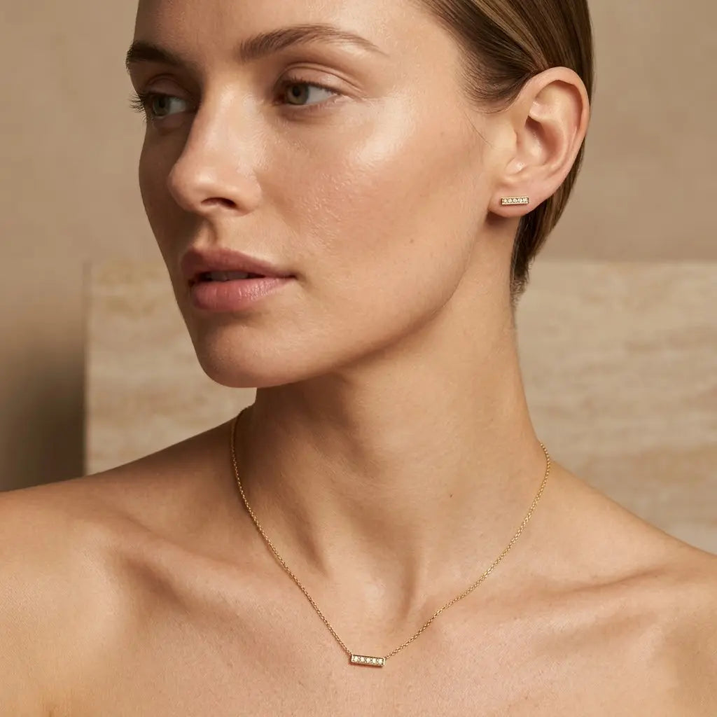 Linea Duo – 925 Silber vergoldet Kette & Ohrringe mit Zirkonia Linie - Suzan Gold