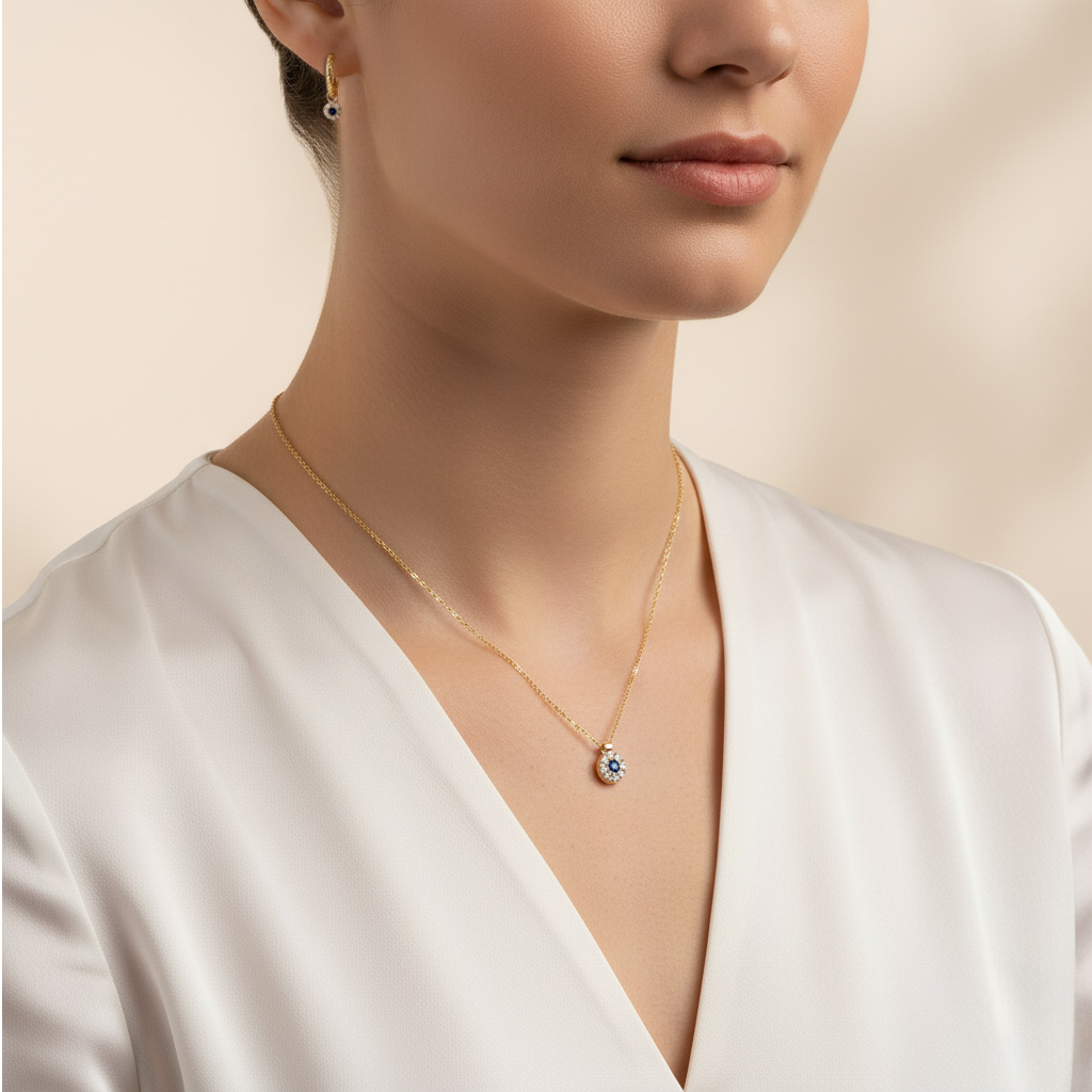 Celestia Bloom – 375 Gold Kette & Ohrringe mit blauem Zirkonia