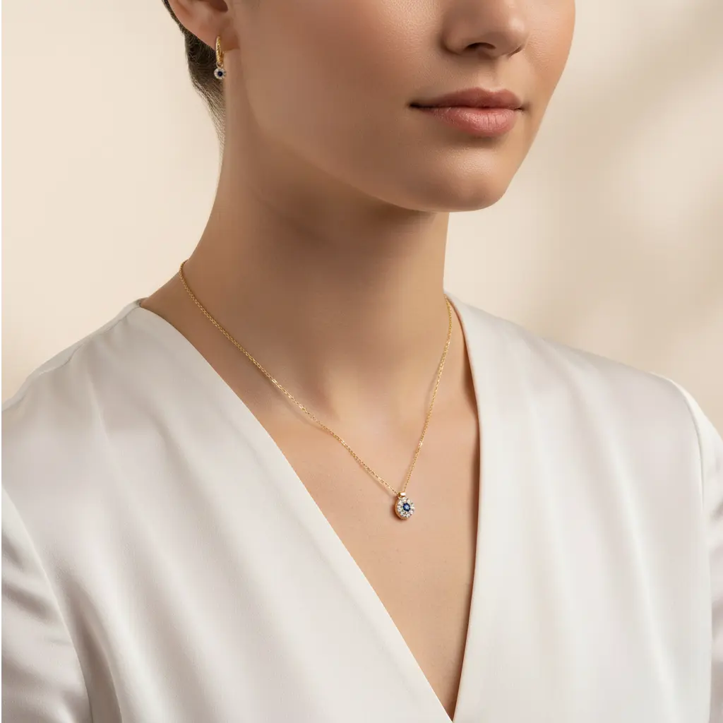 Celestia Bloom – 375 Gold Kette & Ohrringe mit blauem Zirkonia Suzan Gold