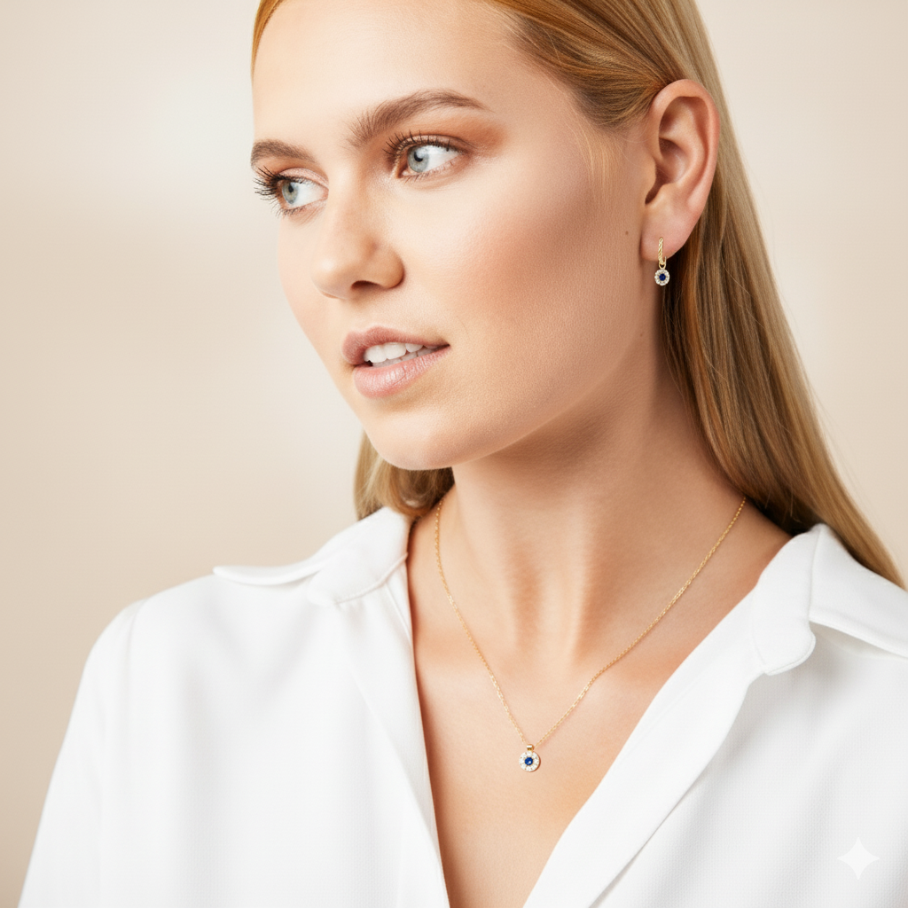 Celestia Bloom – 375 Gold Kette & Ohrringe mit blauem Zirkonia