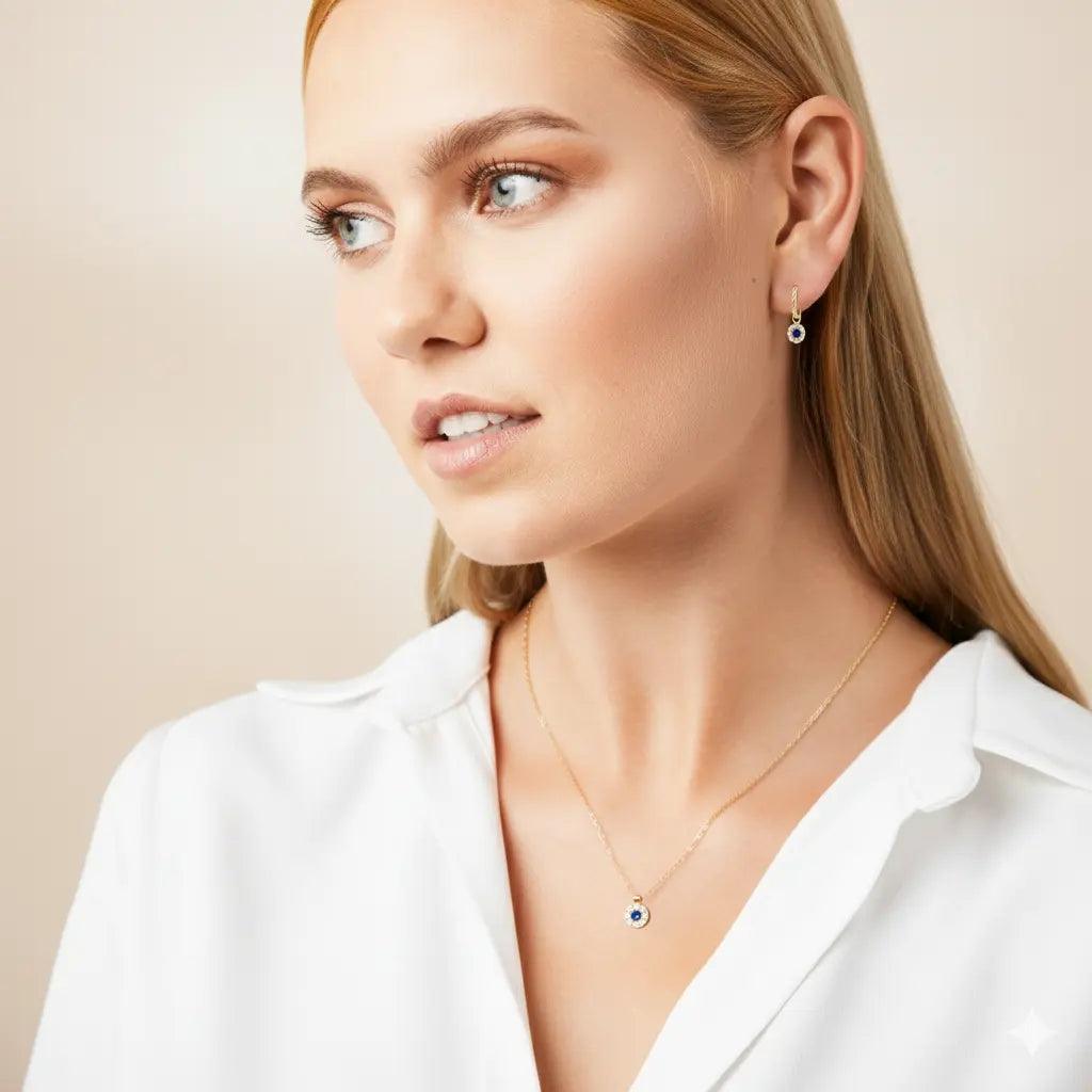 Celestia Bloom – 375 Gold Kette & Ohrringe mit blauem Zirkonia Suzan Gold