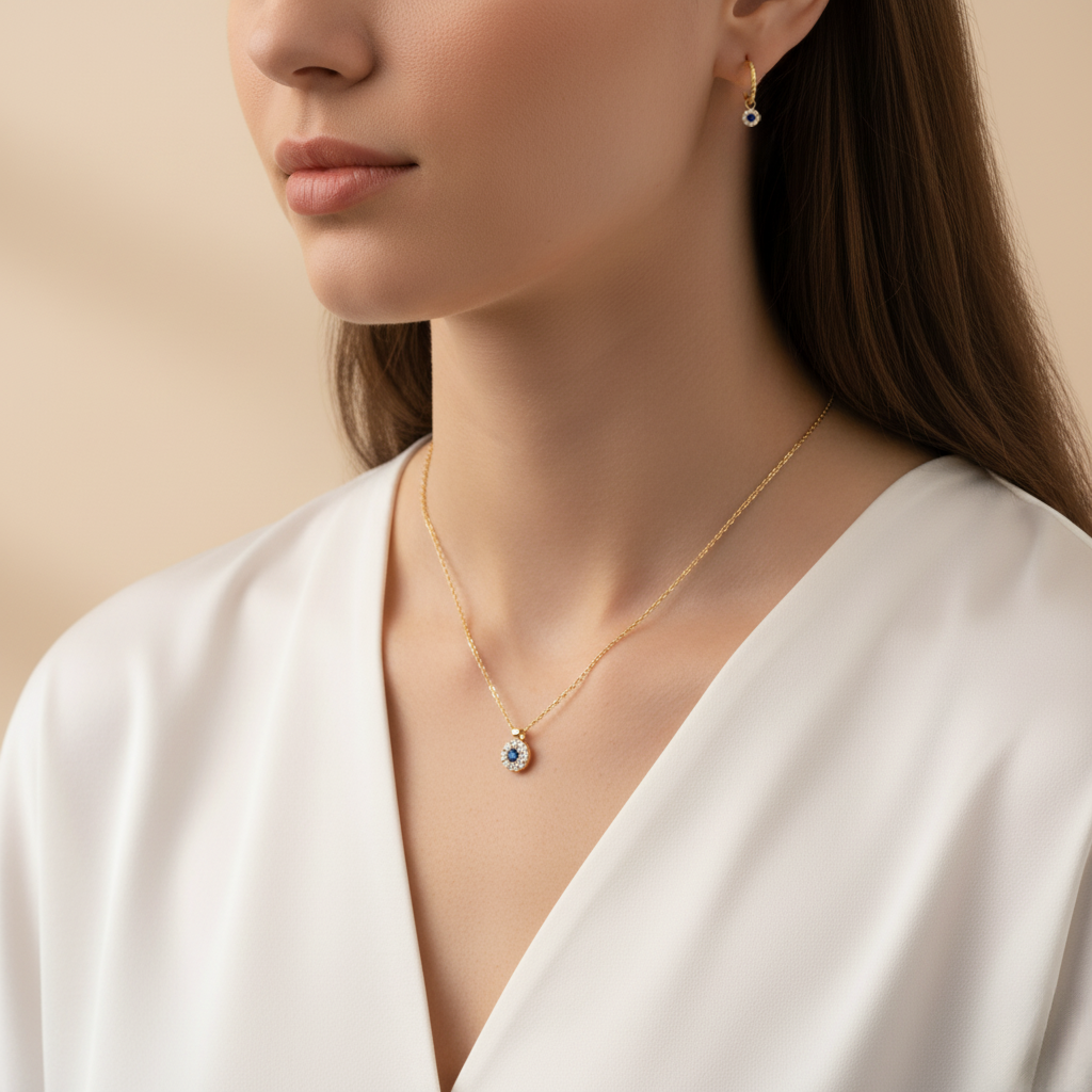 Celestia Bloom – 375 Gold Kette & Ohrringe mit blauem Zirkonia