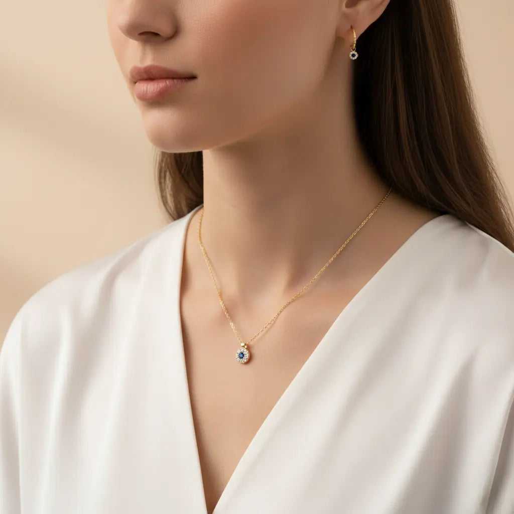 Celestia Bloom – 375 Gold Kette & Ohrringe mit blauem Zirkonia Suzan Gold