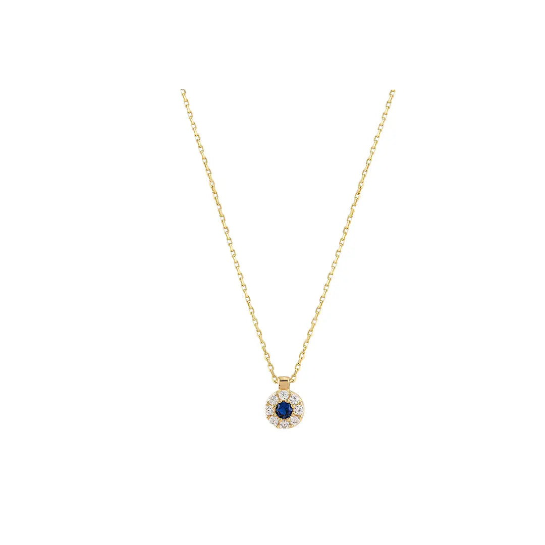 Celestia Glow Halskette aus 375 Gelbgold mit Zirkonia, filigrane Kette mit blauem Schmuckstein-Anhänger für Damen, eleganter zeitloser Schmuck.