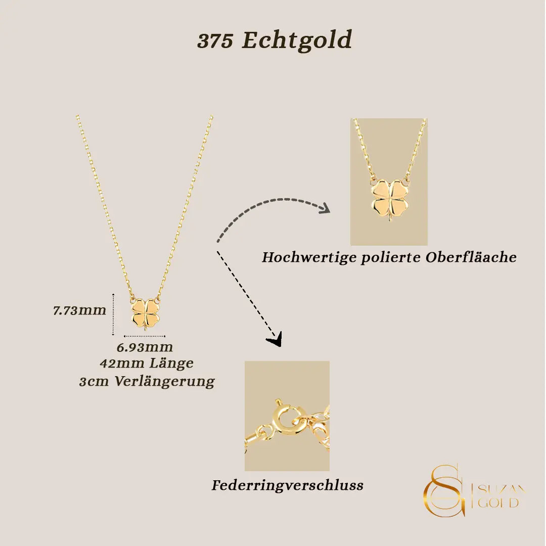 Luckyshine – 375er Echtgoldkette mit Kleeblatt-Anhänger Suzan Gold