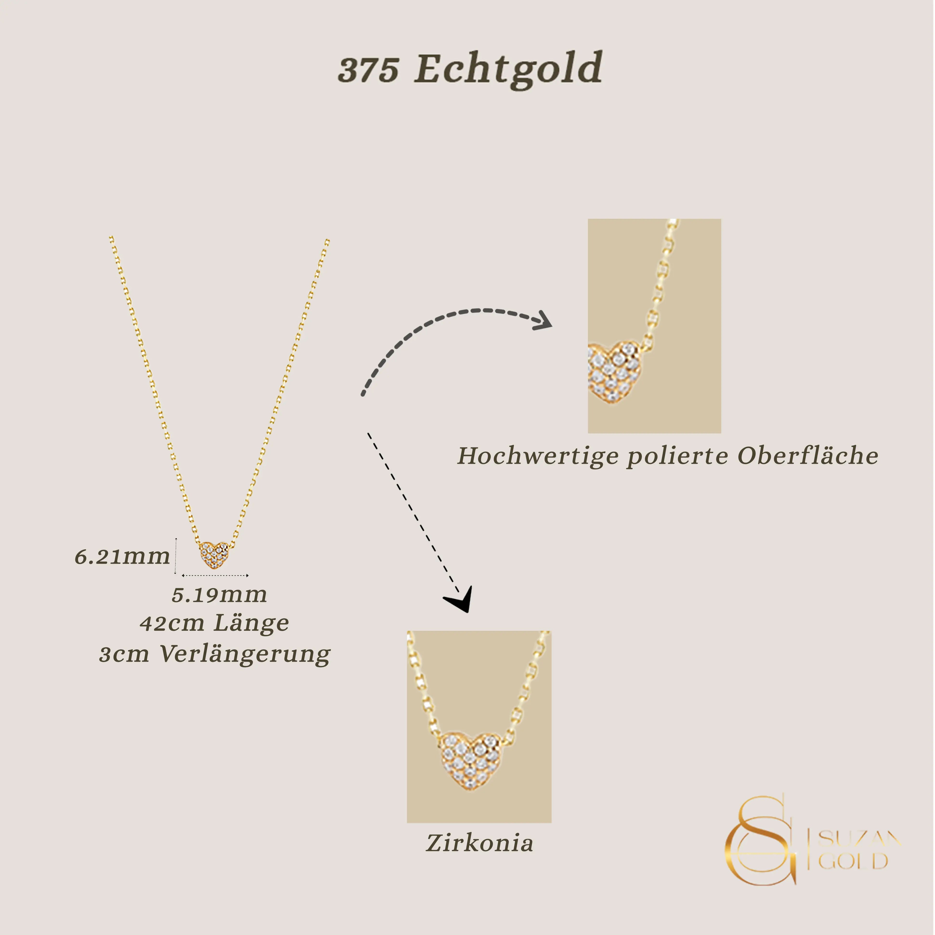 Heartella – 375er Echtgoldkette mit Herzanhänger & Zirkonia Suzan Gold