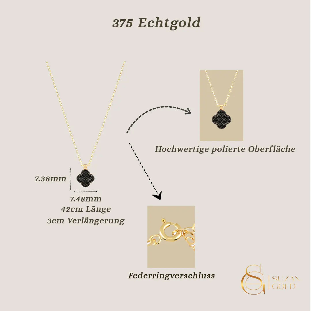 Noirleaf – 375er Echtgoldkette mit schwarzem Kleeblatt-Anhänger Suzan Gold