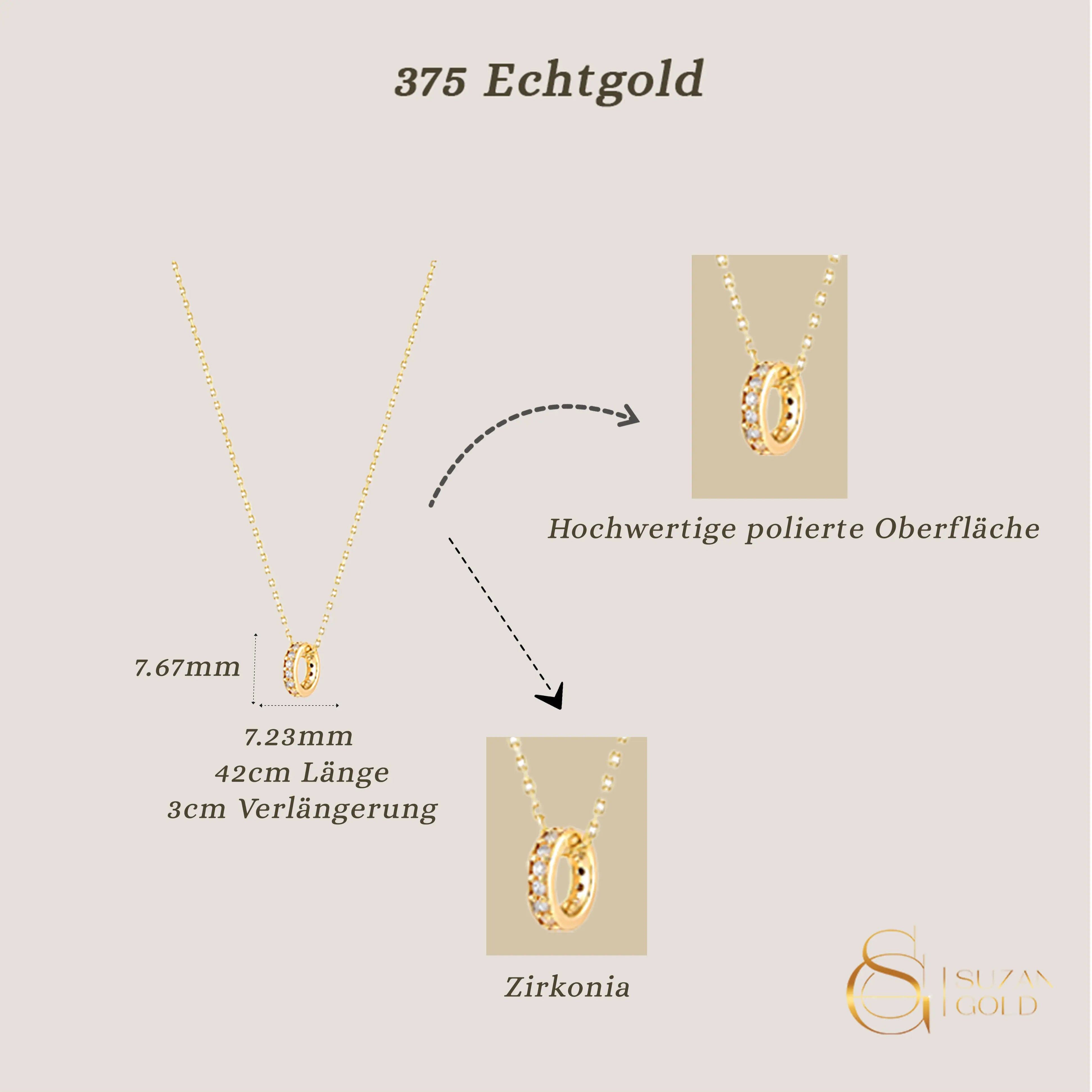 Cirquella – 375er Echtgoldkette mit Ringanhänger & Zirkonia Suzan Gold