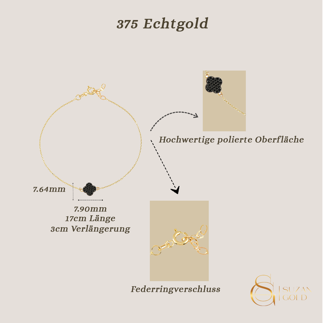 Noirleaf Fine – 375er Echtgoldarmband mit schwarzem Kleeblatt-Anhänger