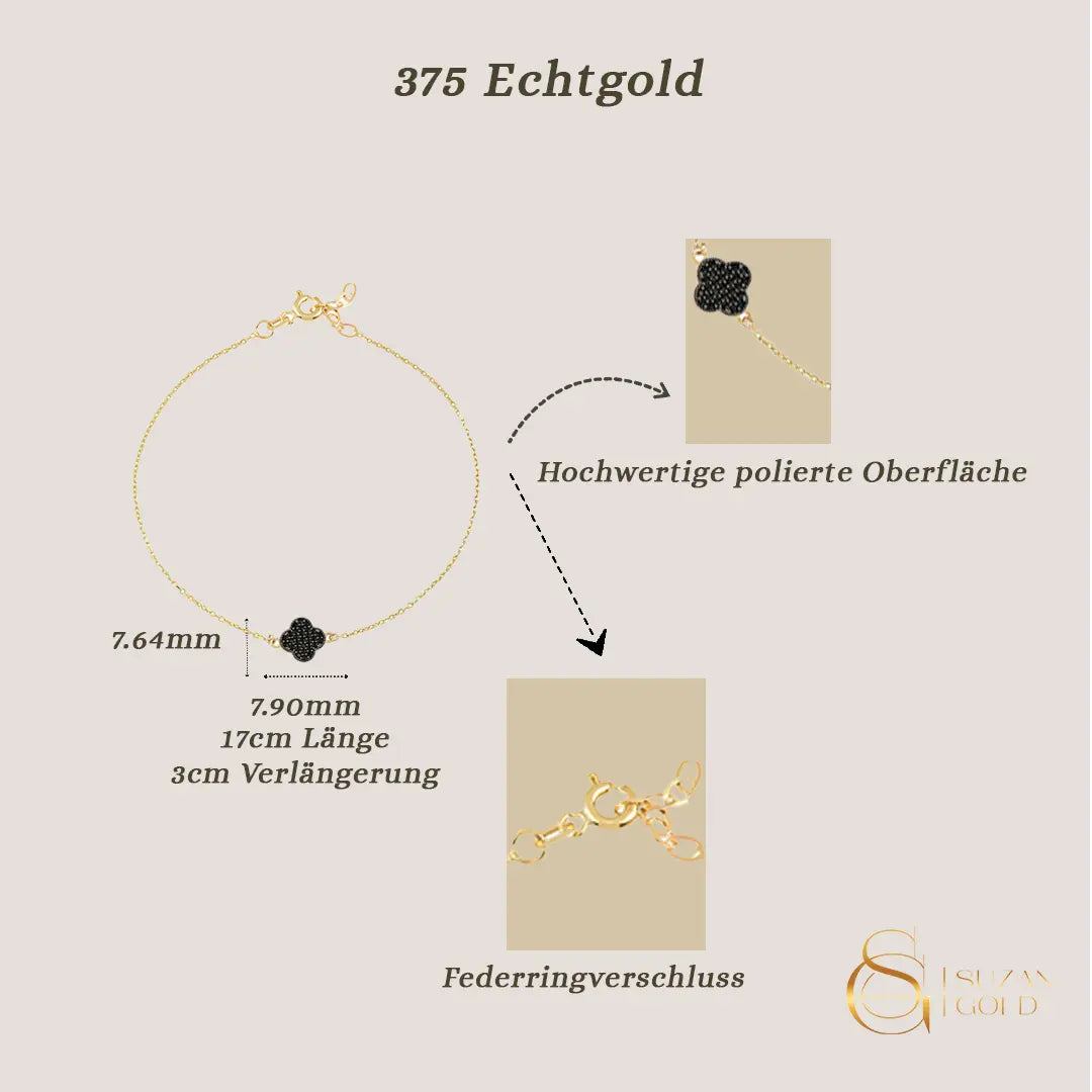 Noirleaf Fine – 375er Echtgoldarmband mit schwarzem Kleeblatt-Anhänger Suzan Gold