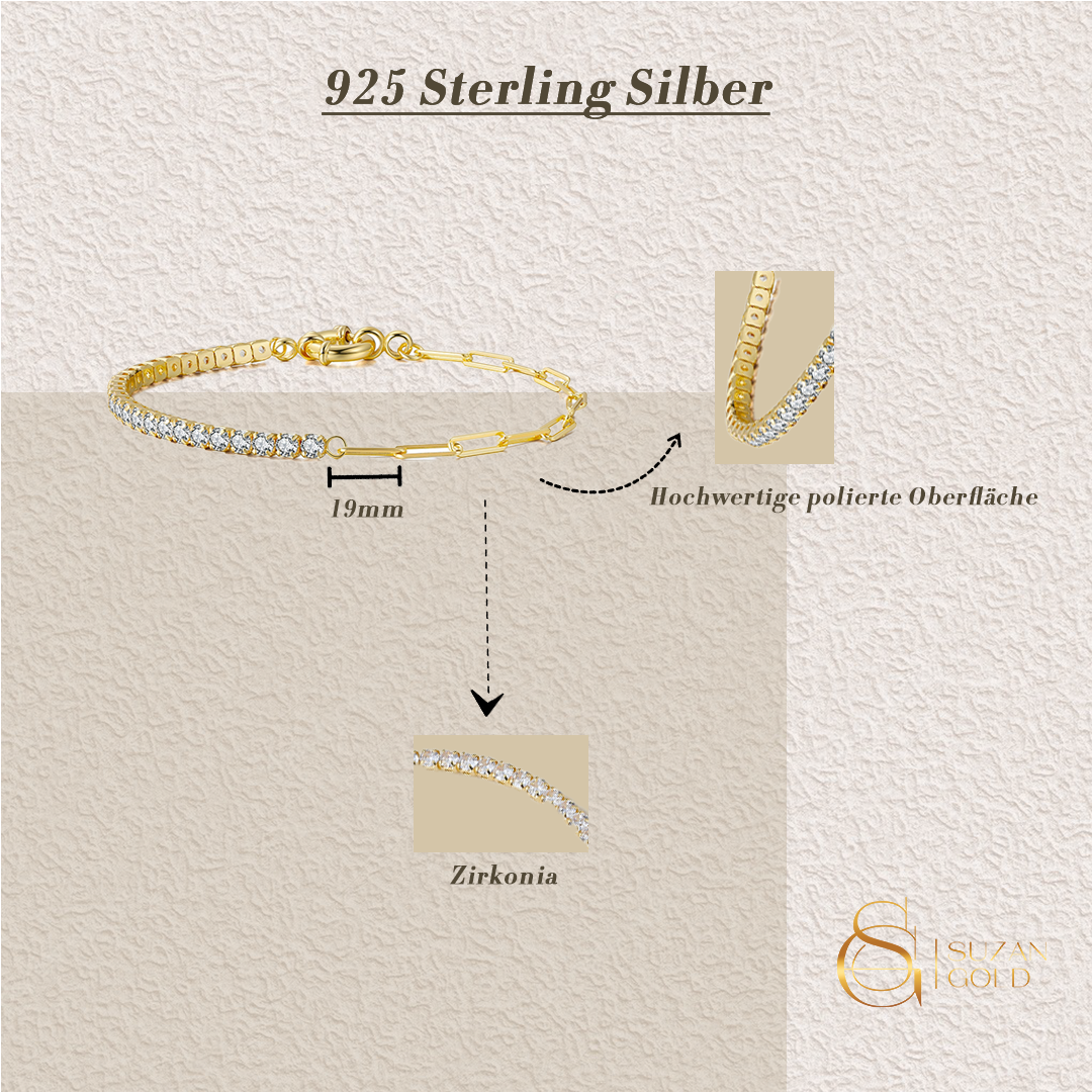 Lumispark – 925 Silber Tennisarmband mit Zirkonia & Paperclip-Kette, elegant & modern