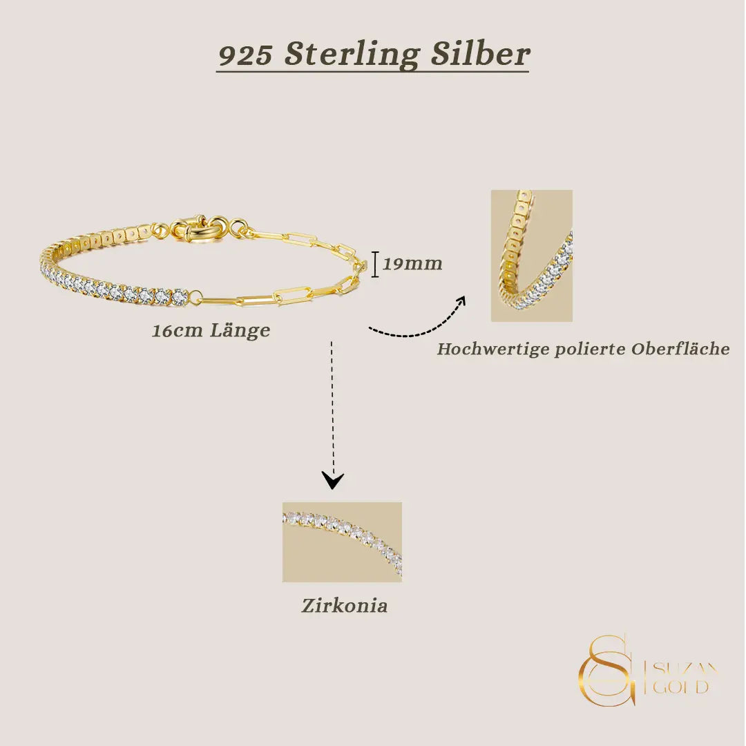 Lumispark – 925 Silber Tennisarmband mit Zirkonia & Paperclip-Kette, elegant & modern Suzan Gold