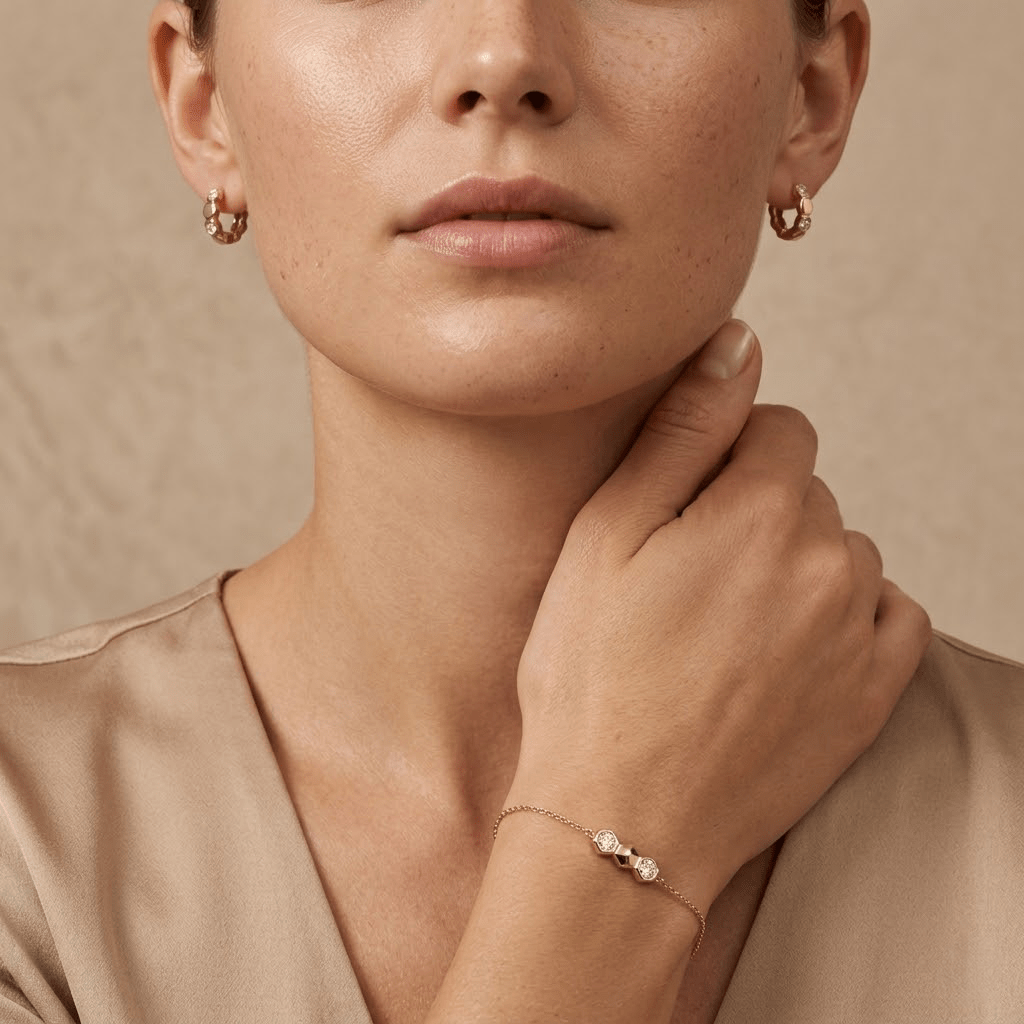 Hexaria Trio – 925 Silber Set vergoldet mit Zirkonia Hexagon Armband & Creolen - Suzan Gold
