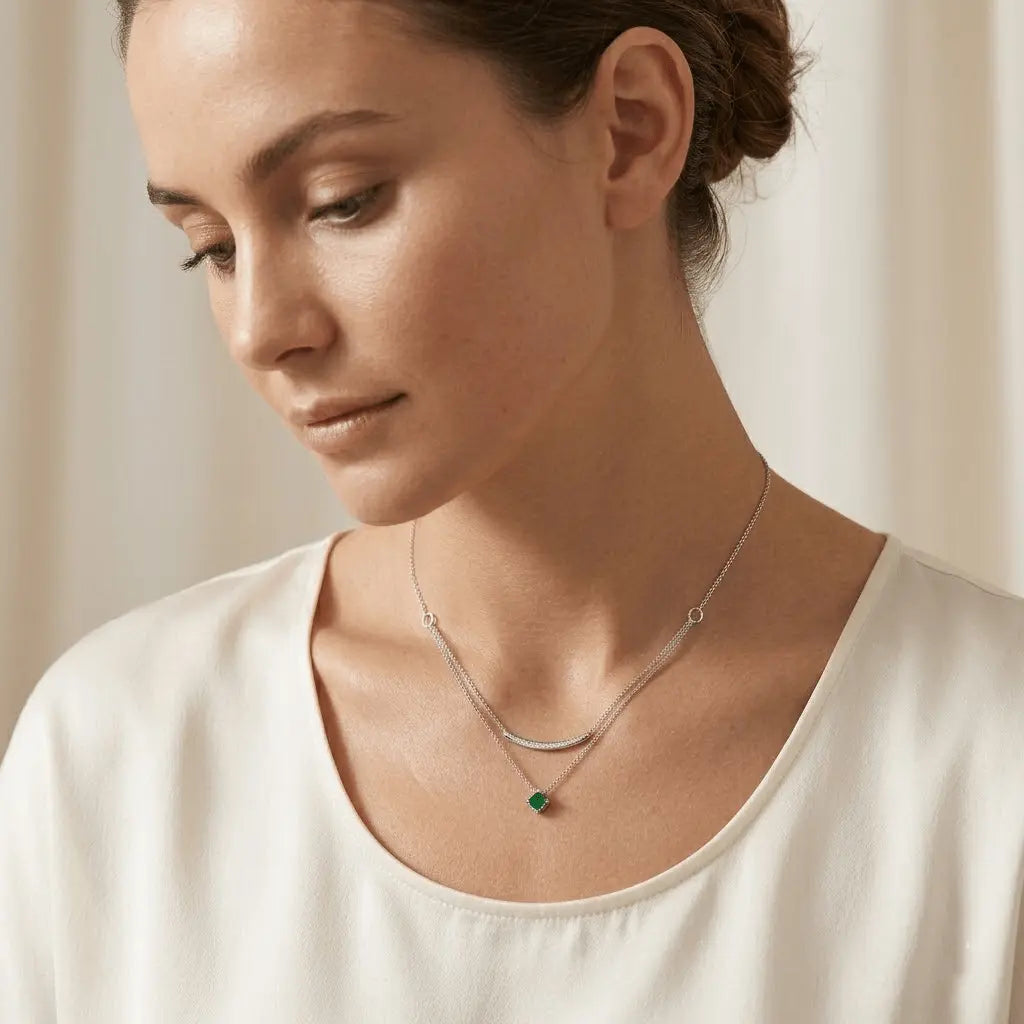 Layering Halskette 925 Sterling Silber – Damen Kette mit grünem Stein - Suzan Gold