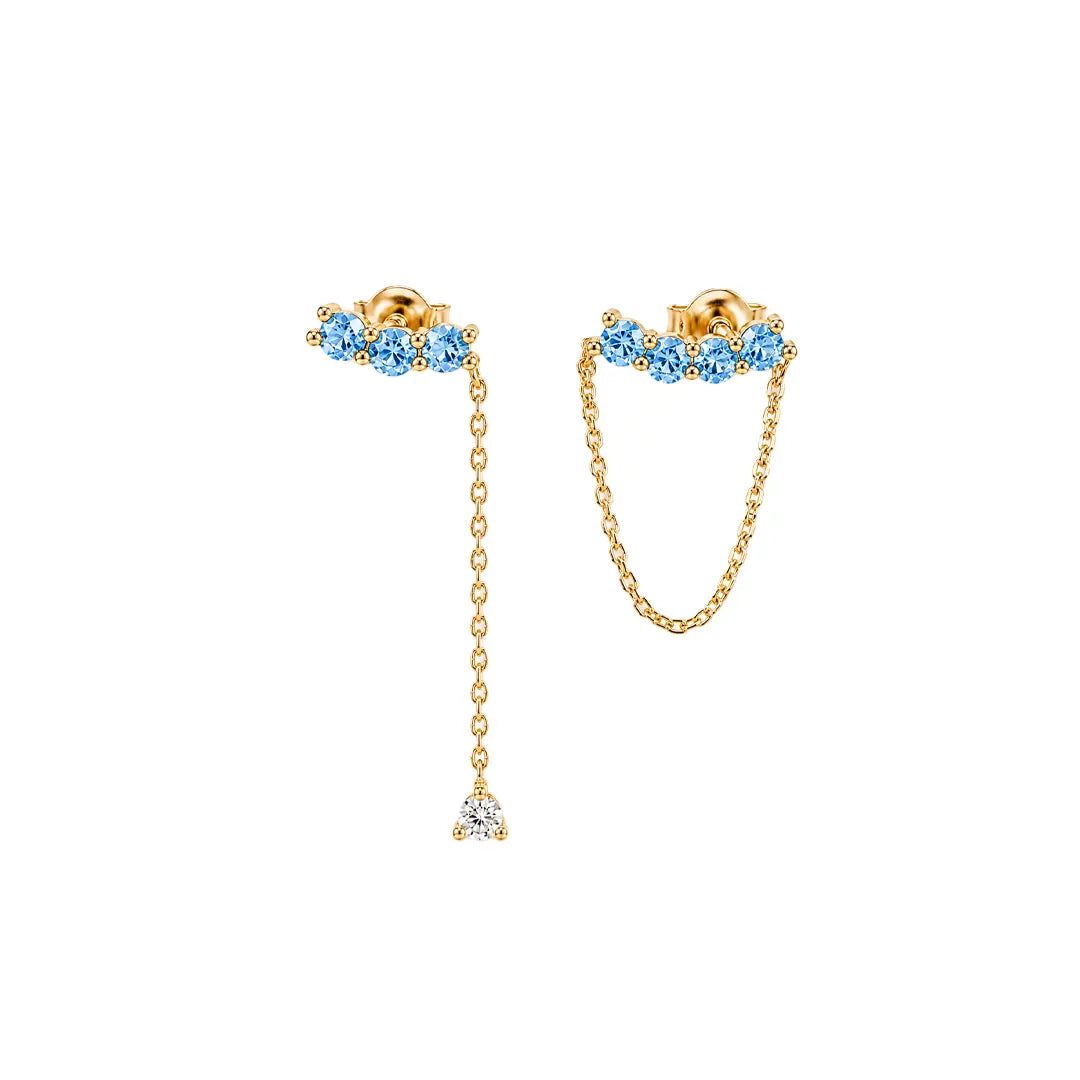 Ohrringe mit Kette 925 Sterling Silber – Elegante asymmetrische Ketten-Ohrringe mit blauen Zirkoniasteinen Suzan Gold