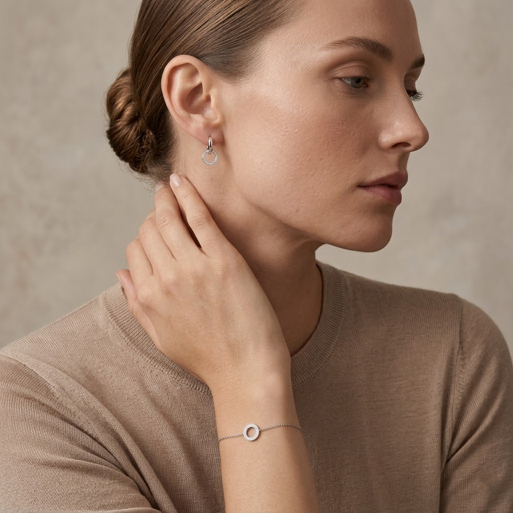 Circlina Duo – 925 Silber Armband & Creolen mit Zirkonia Kreis Suzan Gold