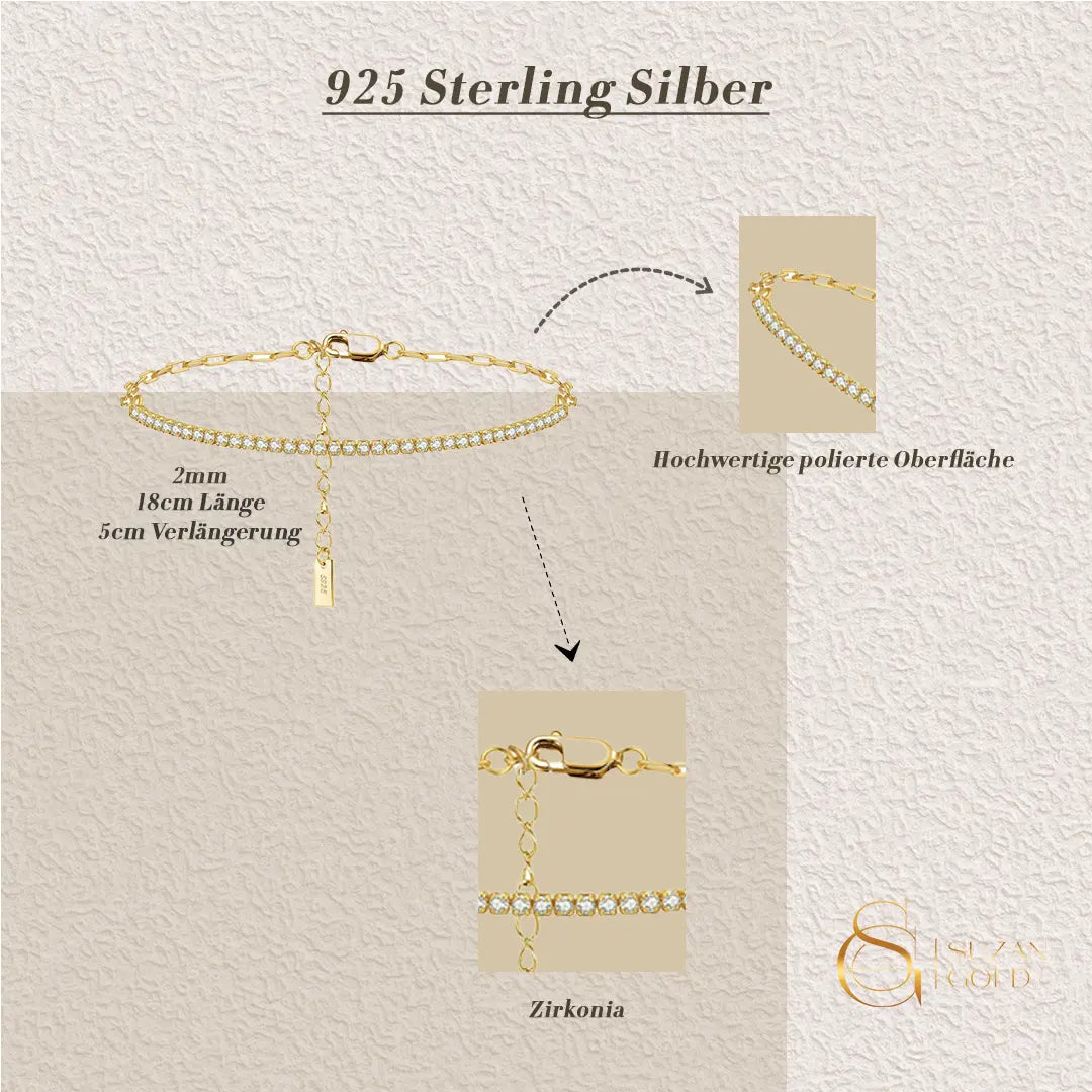 Glimmence – 925 Silber Armband mit Tennisdesign & Paperclip-Kette Suzan Gold