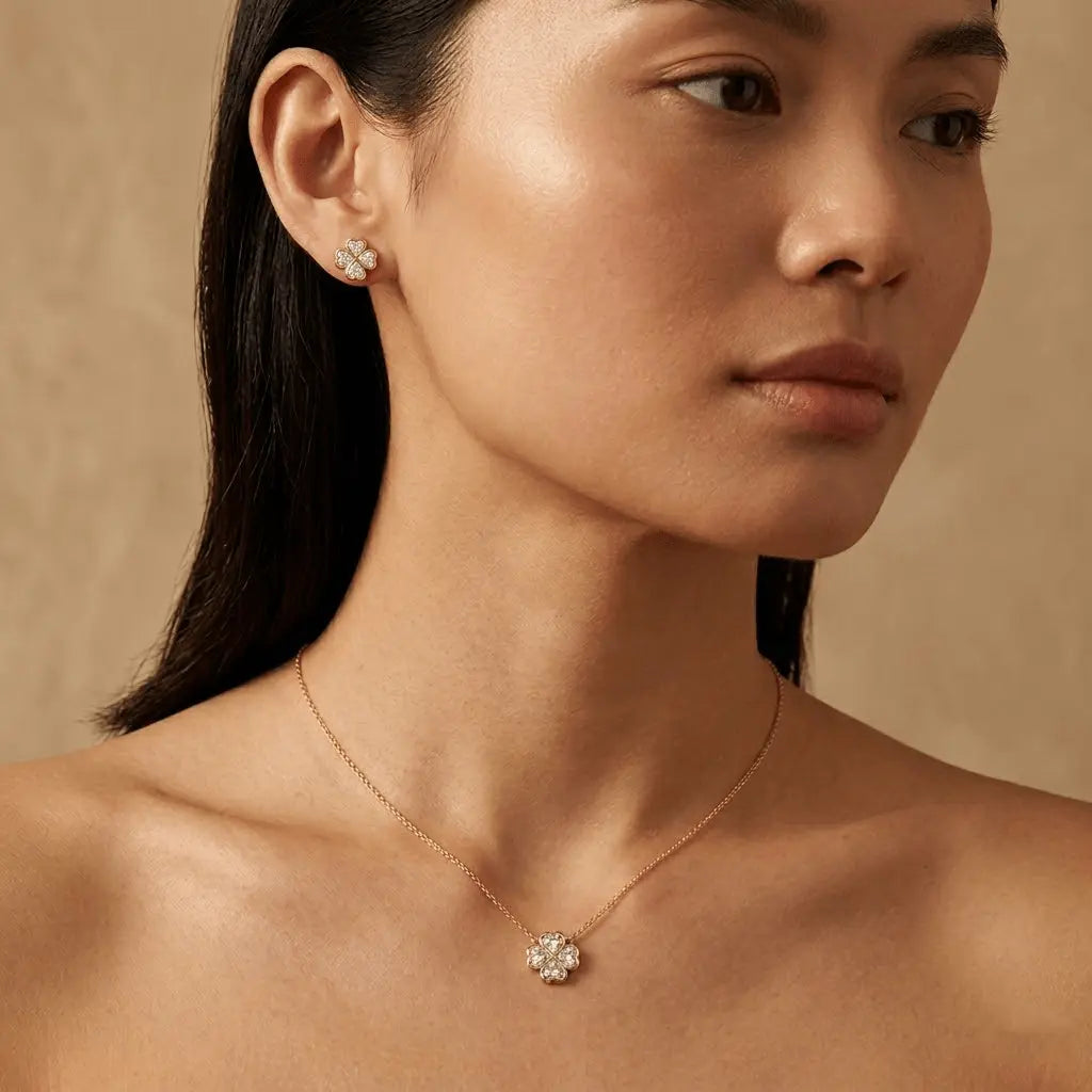 Florique – 925 Silber vergoldet Kette & Ohrringe Blume Zirkonia - Suzan Gold