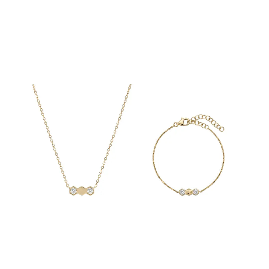 Hexaria – 925 Silber Schmuckset vergoldet mit Zirkonia Hexagon Suzan Gold