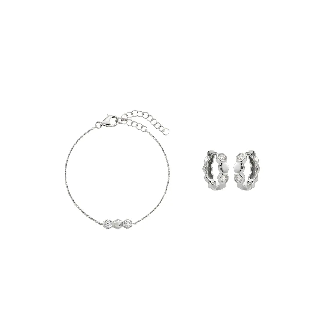 Hexaria Trio – 925 Silber Set vergoldet mit Zirkonia Hexagon Armband & Creolen Suzan Gold