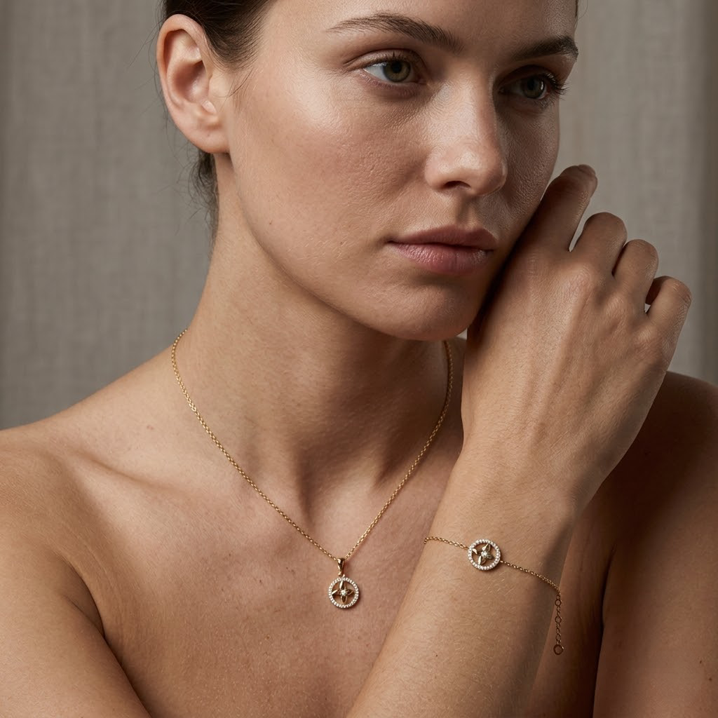 Crucelle Star Circle Set – 375 Echtgold Schmuckset mit Stern Kreis Halskette & Armband