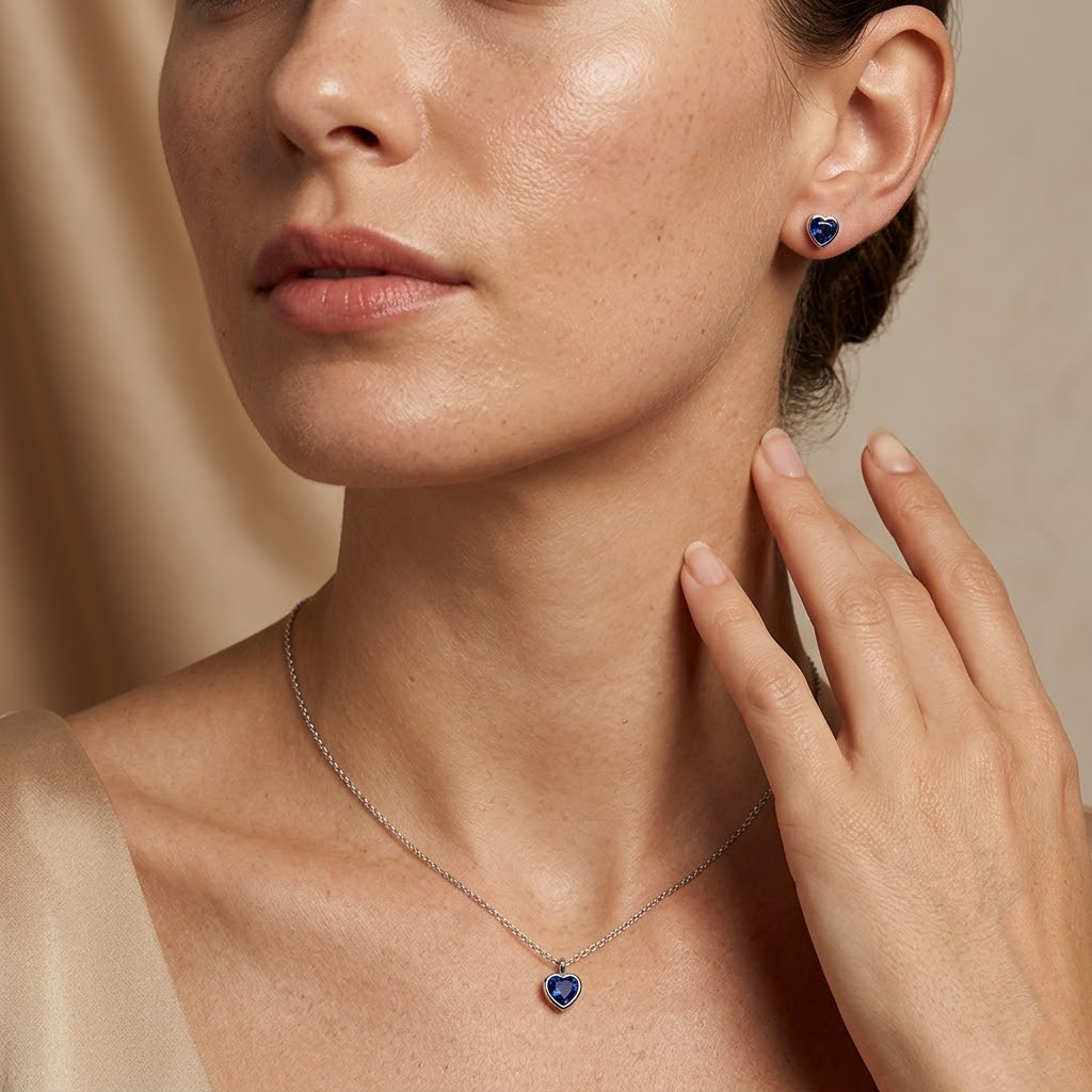 Sapphira – 925 Silber Schmuckset mit blauem Herz Anhänger & Ohrsteckern Suzan Gold
