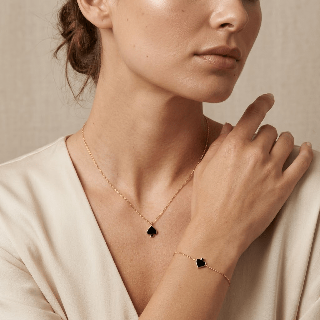 Noirelle – 925 Silber Schmuckset vergoldet mit schwarzem Herz Anhänger - Suzan Gold