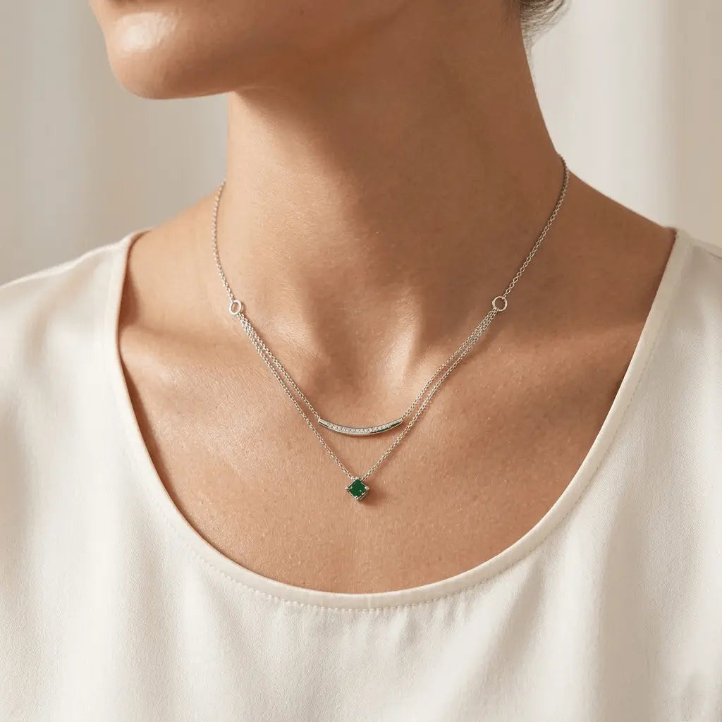 Layering Halskette 925 Sterling Silber – Damen Kette mit grünem Stein - Suzan Gold