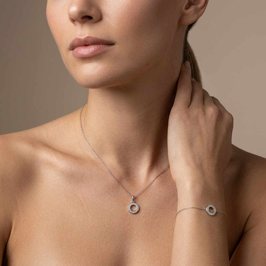 Circlina Set – 925 Silber Kette & Armband mit Zirkonia Kreis Suzan Gold