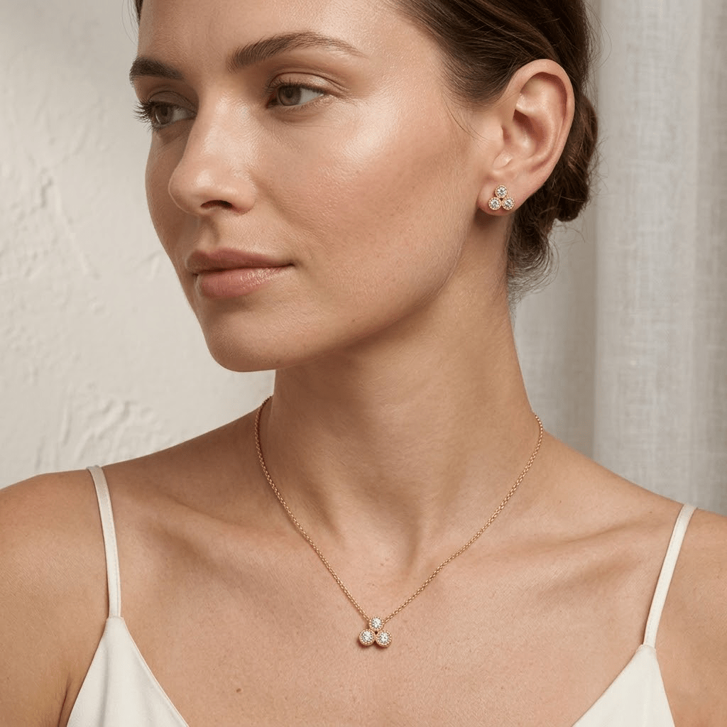 Trivellea – Vergoldetes 925 Silber Schmuckset mit drei Zirkonia - Elementen, Halskette & Ohrstecker - Suzan Gold