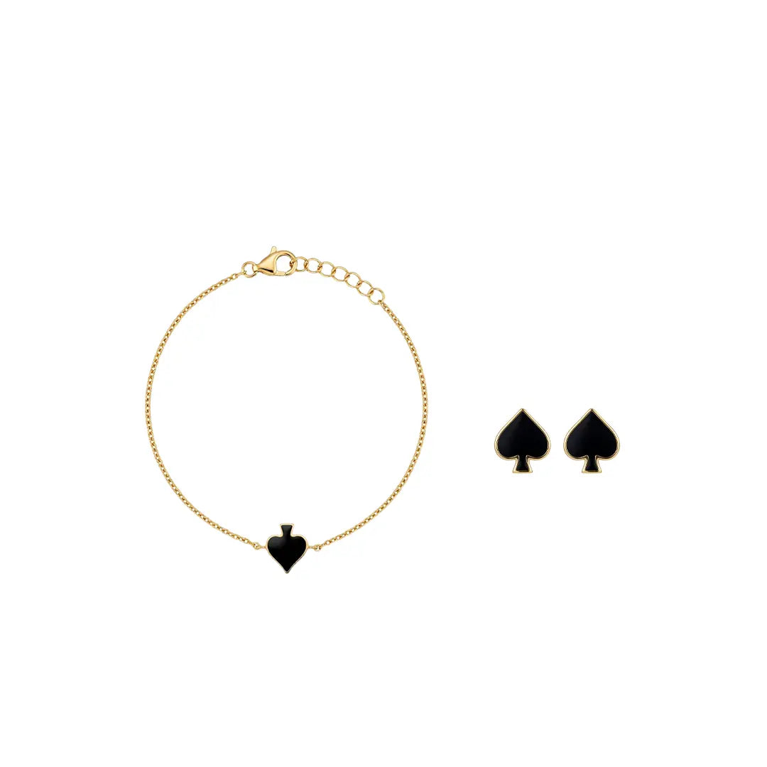 Noirelle Duo – 925 Silber Set vergoldet mit schwarzem Herz Armband & Ohrsteckern Suzan Gold