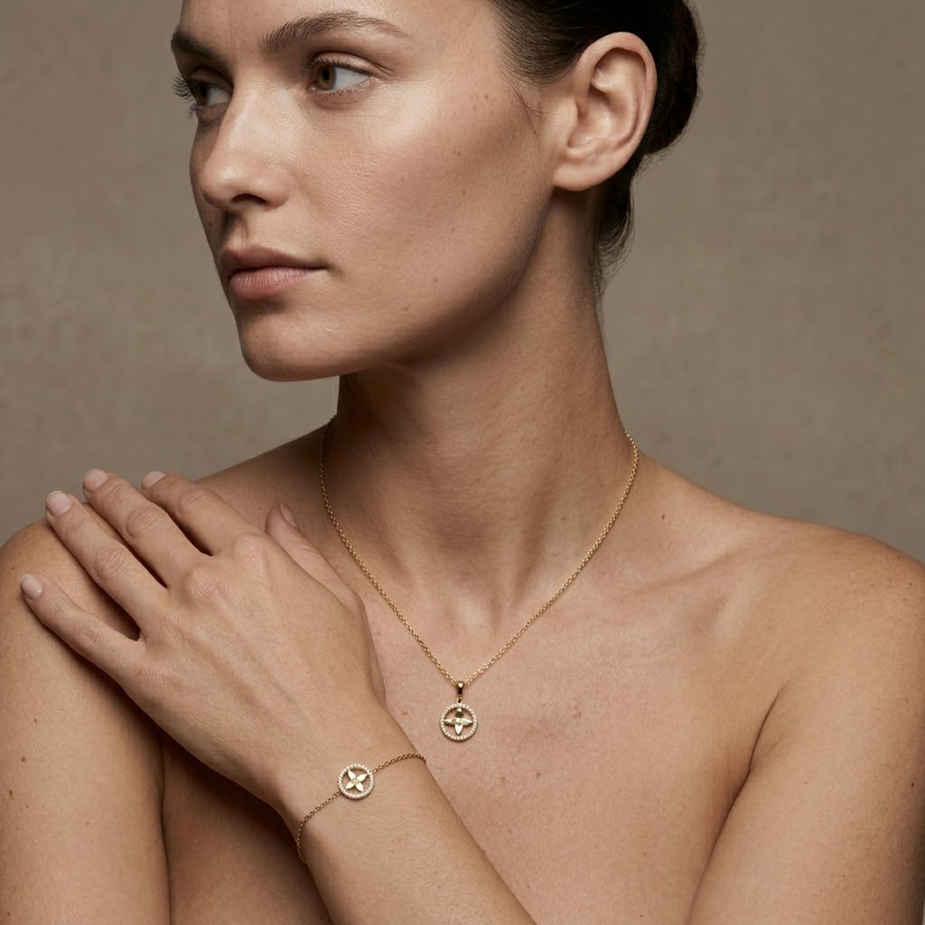 Crucelle Star Circle Set – 375 Echtgold Schmuckset mit Stern Kreis Halskette & Armband