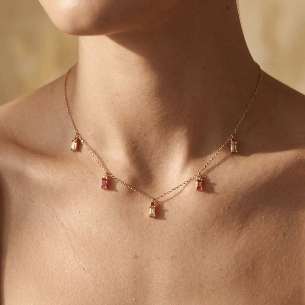 Halskette Pinke Steine 925 Sterling Silber – Damen Kette - Suzan Gold