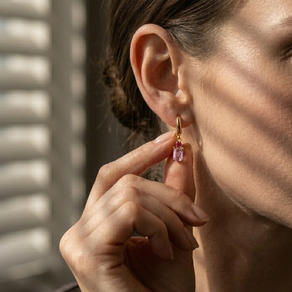 Gemstone Drop Earrings Pink – 925 Sterling Silber Creolen Anhänger - Suzan Gold