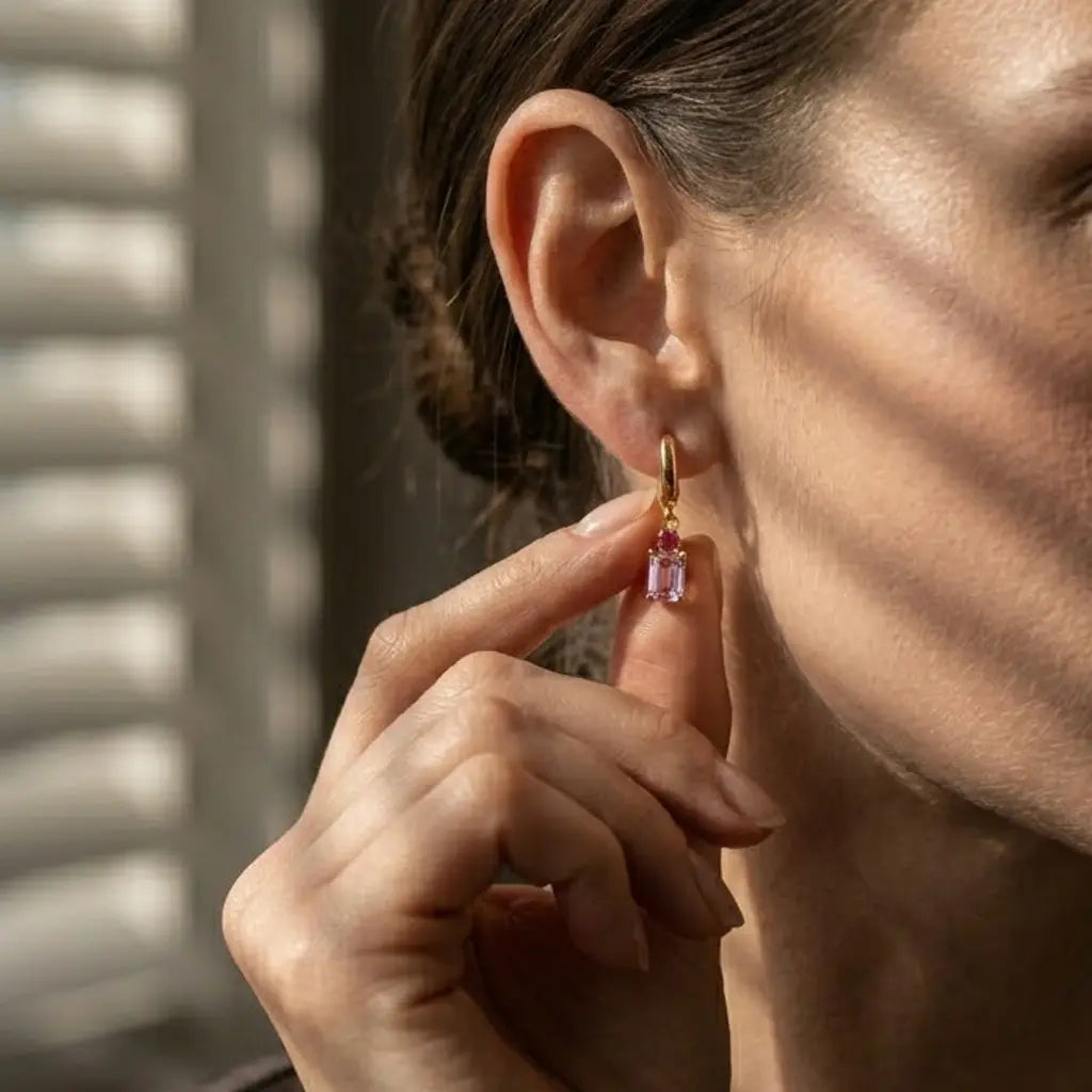 Gemstone Drop Earrings Pink – 925 Sterling Silber Creolen Anhänger - Suzan Gold