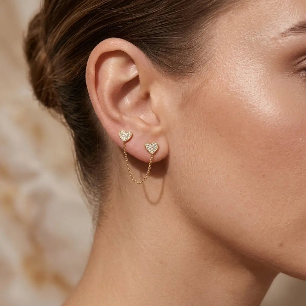 Heart Chain Stud Earrings – 925 Sterling Silber Ohrstecker Herz mit Kette - Suzan Gold