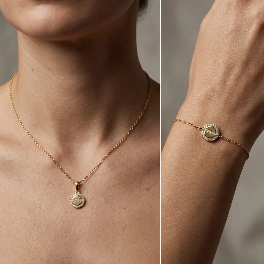 Crucelle Circle Spark Set – 375 Echtgold Schmuckset mit Kreis Anhänger Halskette & Armband - Suzan Gold