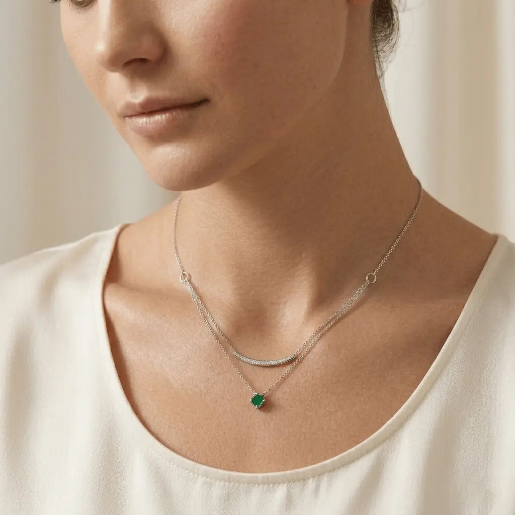 Layering Halskette 925 Sterling Silber – Damen Kette mit grünem Stein - Suzan Gold