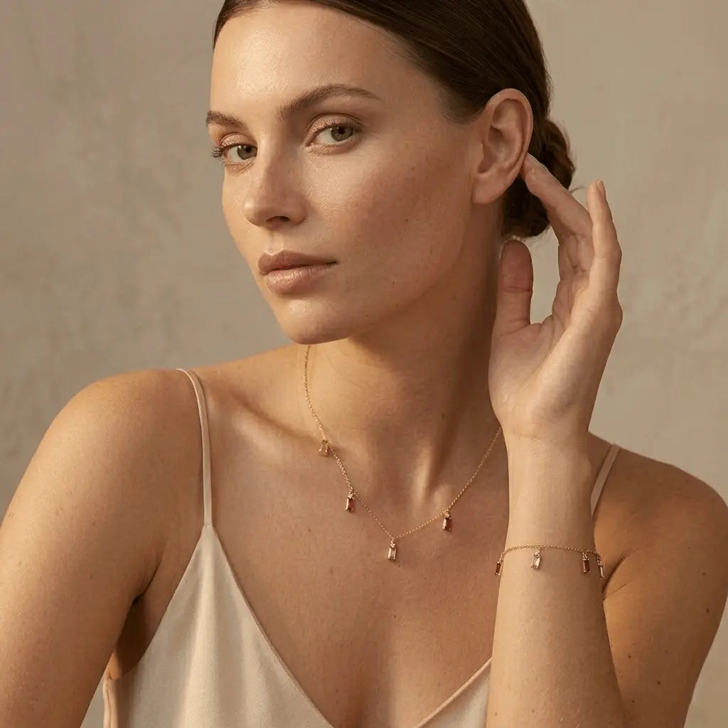Roselique – 925 Silber Schmuckset vergoldet mit rosa Anhängern - Suzan Gold