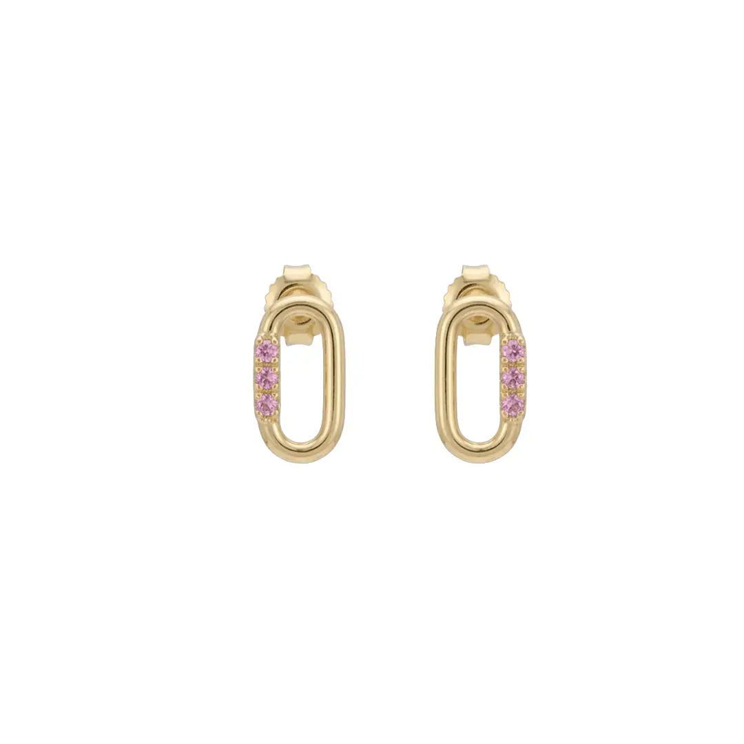 Oval Link Stud Earrings Pink aus 925 Sterling Silber vergoldet mit rosa Zirkonia, filigraner Schmuck für Damen, eleganter zeitloser Klassiker.