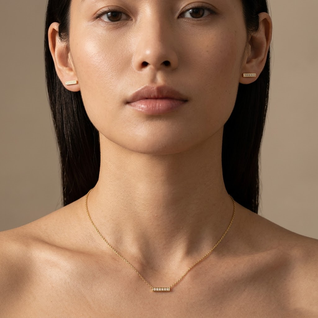 Linea Duo – 925 Silber vergoldet Kette & Ohrringe mit Zirkonia Linie - Suzan Gold